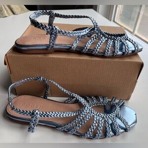 BODEN Metallic Blue Woven Strappy Multistrap Flat Sandals. NEW •Size 7